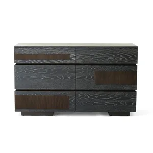 Commode moderne en chêne noir cerisé |   Commode de rangement pour chambre à coucher à 6 tiroirs avec texture de grain de bois naturel - Product Image 3