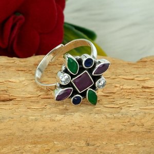 แหวนแซฟไฟร์มรกตทับทิมธรรมชาติทำจากเงินสเตอริง925ของขวัญเครื่องประดับเงินหลายหินสำหรับเด็กหญิงและสตรี - Product Image 2