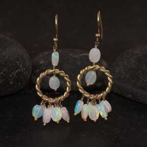 Multifire White Opal Beads <b>Dangle</b> <b>Earrings</b> Gold Handmade Opal Gemstone October Birthstone Gift For Her 925 Sterling Silver - Product Image 1