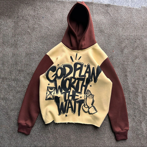 Sweat-shirts à capuche 100% coton de qualité supérieure, haut de gamme, épais, coupe ample, ourlet court, style boxy, blocs de couleur, tissu en molleton, col à capuche sur le devant - Product Image 3