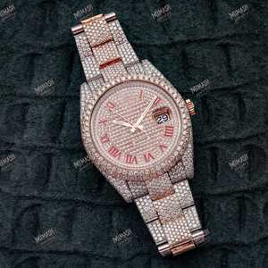 Elegant Best Quality VVS Moissanite Diamond Quartz <b>Watch</b> 38mm Stainless Steel Rose Gold <b>Case</b> With Unique Red Roman Numeral Dial - Product Image 1