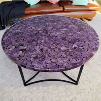 Table basse rétroéclairée en améthyste pour cuisine, salle à manger, salon, avec dessus en bois, marbre, pierre naturelle, quartz, forme ronde, finition aléatoire