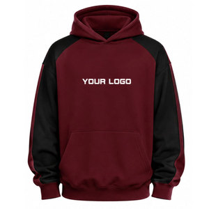 <b>Men's</b> Maroon <b>Black</b> Raglan Hoodie Fleece Sweatshirt Front Logo Print Casual Autumn Wear Regular Fit Hooded Pullover - Product Image 2