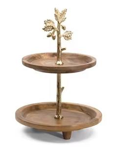 Soporte de Madera de Dos Niveles para Tartas, Plato para Postres, Bandeja para Cupcakes, Exhibidor de Frutas con Asa de Hoja de Latón, Decoración de Mesa de Cocina - Product Image 1