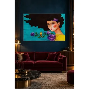 Fida Girl avec des cheveux noirs, un oiseau et des fleurs sur fond turquoise, impression sur toile - Product Image 2