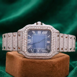 Montre de luxe PJ carrée en moissanite glacée, acier inoxydable, cadran bleu romain, date, verre saphir, étanche, habillée - Product Image 1