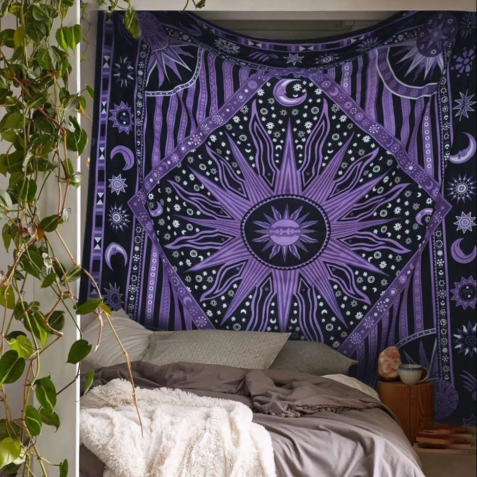 Sun Moon Stars Tie Dye Mandala Tapestry Hippie Hippy Celestial Wall Hanging Indian Bohemian Tapestries Purple Home art