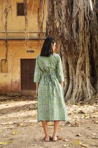 <b>Japanese</b> Lotus Wrap Dress Hand Block <b>Printed</b> Bohemian Green Blue Floral Pure Cotton Casual Occasional Adjustable Waist - Product Image 3