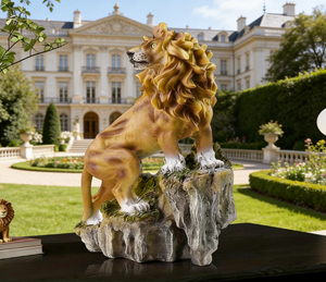 Estatua de León Majestuoso en la Cumbra de una Montaña, Figura de León Marrón de Resina para Decoración del Hogar - Product Image 3