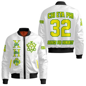 เสื้อแจ็คเก็ตบอมเบอร์สีขาวสำหรับผู้ชาย Chi Eta Phi รุ่น 32 Service For Humanity ซิปด้านหน้า สวมใส่สบาย กันลม ผลิตจากโพลีเอสเตอร์ - Product Image 1