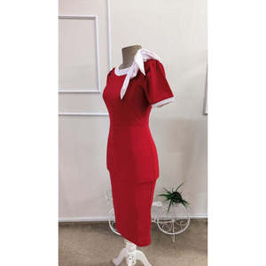 Women's <b>Short</b>-Sleeved Imported Crepe <b>Dress</b> with Decorative Lace-Up Neckline, 35764 - <b>Red</b> - Product Image 5