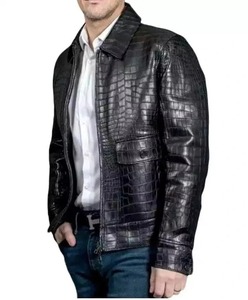 Chaqueta de camionero de piel auténtica de vaca para hombre personalizada al por mayor patrón en relieve de cocodrilo - Product Image 1