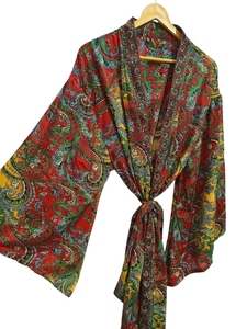 Regal House Wear Peignoir en soie douce Robe multicolore Robe de nuit Robe indienne Vintage en soie recyclée Sari Kimono, - Product Image 3