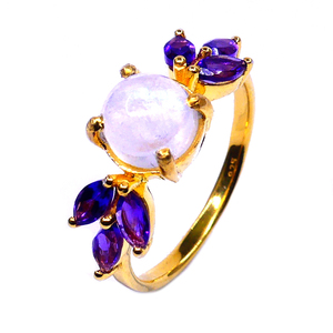 925 Sterling Silver Party Wear Ring Classic Style Gold Plated Amethyst White <b>Rainbow</b> Moonstone Fashionable Finger Ring - Product Image 1