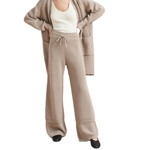 2025 Womens Casual Knitted Trousers Hot <b>Wool</b> Half-Cardigan Flat <b>Pants</b> with Drawstring Waist Breathable and Painted Decoration - Product Image 1