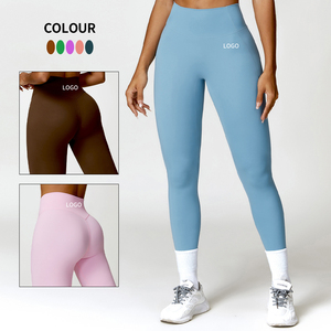 Medias de gimnasio personalizadas de cintura alta en forma de V para mujer, pantalones de Yoga sólidos transpirables de talla grande para Fitness, mallas personalizables - Product Image 5