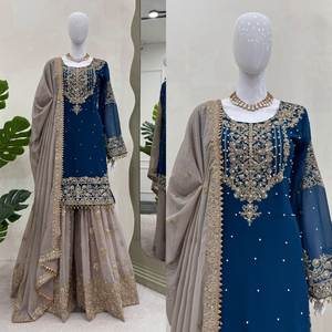 Blue Silk Indian Pakistani Wedding <b>Kurti</b> Sharara Dupatta Kameez Party Wear Dresses Gown <b>Kurti</b> Design Wedding <b>Kurti</b> - Product Image 4