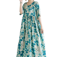 2025 nouveau été coton Vintage à manches courtes robes pour femmes décontracté ample longue robe verte vêtements