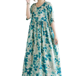 2025 nuevos vestidos de manga corta Vintage de algodón de verano para mujeres Casual suelto largo vestido verde ropa - Product Image 1