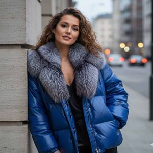 Manteau en fourrure de mouton tissé écologique pour femmes avec col en fourrure de renard coupe-vent toutes les couleurs et tailles - Product Image 1