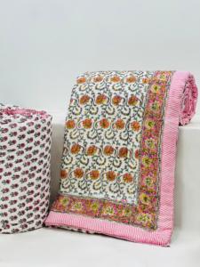 Hand Block Printed <b>Quilts</b> 100% Cotton Hibiscus <b>Double</b> Bed Handmade <b>Quilts</b> Comforter Razai Reversible <b>Double</b> Side Print - Product Image 5
