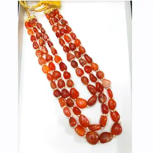 天然红宝石光滑金块珠子项链尺寸8-10毫米2层滚珠复古红色玛瑙女式项链