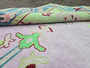 Antique Handknitted Cotton Oushak Rug 8x10 Low Pile <b>Foam</b> Backed PET Friendly Pink Green High Quality Traditional Living Bathroom - Product Image 2