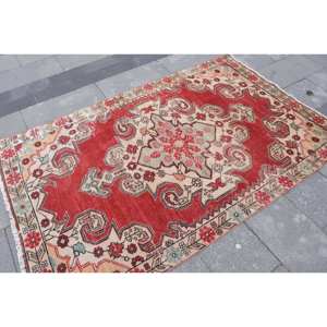 Vintage <b>Red</b> Beige <b>Wool</b> Rug 4.2 X 6.7 ft Kilim Style Large Area Turkish Rectangle Rugs Patchwork Abstract Hallway 10mm Latex - Product Image 4