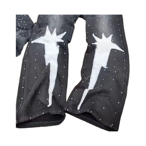 กางเกงสเวตเตอร์ขาตรงของผู้ชายผ้าคอตตอนขนสัตว์100% วินเทจสีดำหรูหราซักด้วยกรดมีการพิมพ์บริการ OEM - Product Image 2