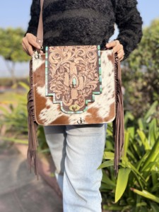 Western Designer Hand Tooled Carving Leather Fringe Handbag Cowhide Fur Gypsy Boho Vintage Handmade Shoulder <b>Bag</b> Stylish <b>Bags</b> - Product Image 3