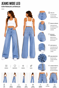 Jean en denim coupe droite taille mi-haute avec bande latérale, coupe ample, longueur intégrale, style décontracté, bleu clair, en coton, style urbain - Product Image 1