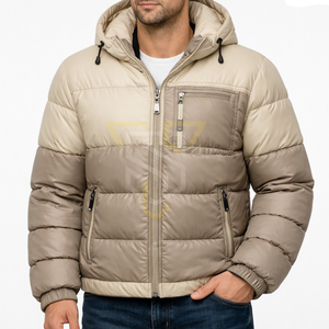 Veste matelassée à capuche beige pour homme, coupe-vent, vêtements décontractés d'hiver, fermeture éclair, rembourrage en fibre de polyester épaisse, coupe régulière - Product Image 2