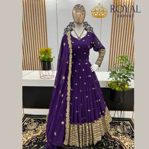 Latest Purple Color Georgette Embroidery Aanarkali Gown With Sequence Dupatta In Wholesale Rate By Royal export India