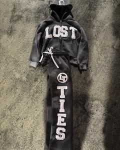 Ensemble survêtement deux pièces personnalisé Survêtement brodé en détresse pour l'hiver Ensembles sweat à capuche zippé et veste Fabricant d'hommes - Product Image 1