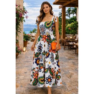 Women's Strappy Long Supreme <b>Dress</b> with <b>Elasticated</b> Bust Detail and Pattern, 35066 - patterned - Product Image 1