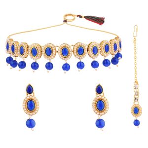 Conjunto de joyería India Chapado en oro Floral Faux Pearl Crystal Wedding Dangle Earring con joyería Maang Tikka para mujer, azul - Product Image 1