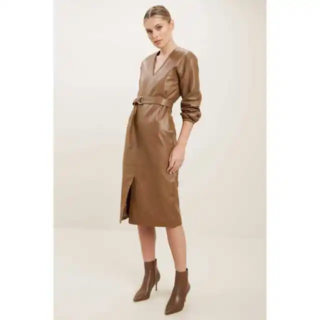 Trendy Fashionable Women's puffer sleeve Front Slit Midi Leather Dress with belt At Affordable price