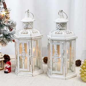 Linternas decorativas Estilo vintage Linterna colgante Linterna de vela de metal para interiores Eventos al aire libre Fiestas y bodas Blanco - Product Image 3