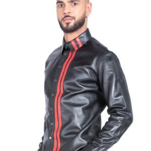 Leather Shirt with Red Stripes Black Faux Leather Mens Long Sleeve <b>Fetish</b> Fashion Club Top - Product Image 2