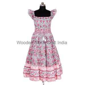 Maxi vestido de algodón hecho a mano indio bloque de mano estampado Floral verano sin mangas A-Line Midi cómodo vestido de fiesta informal - Product Image 3