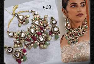 Ensemble de collier ras du cou lourd Kundan du fabricant indien plaqué or en acier inoxydable fêtes de mariage tenue de mariée produit en vrac - Product Image 2