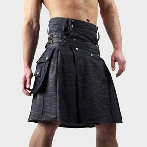 Kilt utilitaire en denim noir pour homme, style écossais, devant uni, poches cargo, ceinture à boucle réglable 2026 - Product Image 2