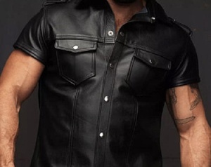 T-shirts en cuir - T-shirt à manches courtes en cuir pour homme, matière extérieure en cuir véritable, t-shirts en cuir pour garçons - Product Image 3