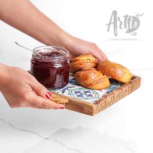Plateau à café élégant en bois d'olivier ArtisRaw, carreaux de céramique peints à la main, plateau de service avec poignée, design D4, usage résidentiel (modèle Tp032) - Product Image 4