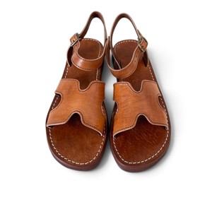 Brown Genuine Leather Comfortable Lightweight Cushioning Solid Flat <b>Sandals</b> Open Toe <b>Buckle</b> Strap Slip Spring/Summer Casual - Product Image 1