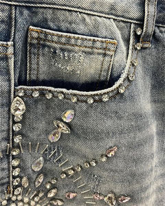 Fabricant de shorts en jeans personnalisés au genou pour hommes, délavés à l'acide, baggy vintage, avec strass, shorts en jeans pour hommes - Product Image 3