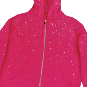 Sweat à capuche zippé rose vif avec strass, cristal scintillant, streetwear surdimensionné, coton lourd, mode personnalisée, veste décontractée d'automne - Product Image 2