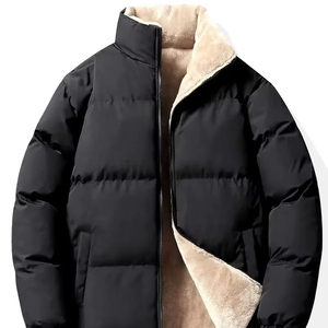 Men's Winter Puffer <b>Jacket</b> Thick Warm Stand Collar Zipper Closure Casual Style <b>Fleece</b> <b>Lining</b> Polyester Shell Solid Color - Product Image 3