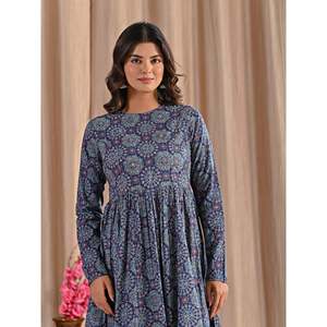 Vestido Anarkali de Seda Azul con Estampado a Mano para Niñas, Último Diseño Étnico Indio, Estilo Sexy para Uso Diario, Dibujado a Mano - Product Image 1