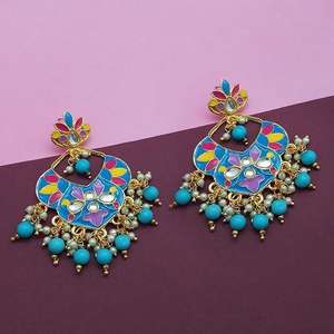 Kriaa Blue Meenakari & Beads Kundan Dangle Boucles d'oreilles Fine 1314209A Jewelry - Product Image 1